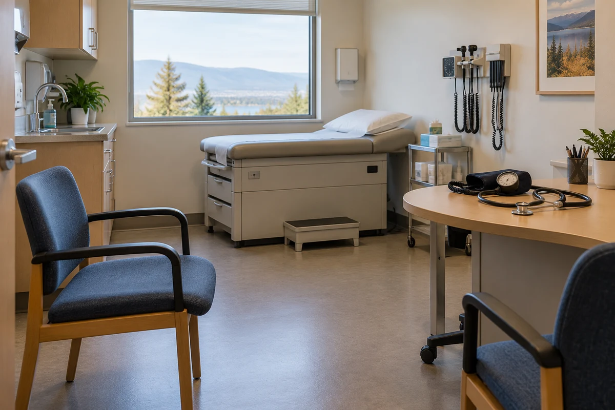 An empty clinic room with medical equipment.
