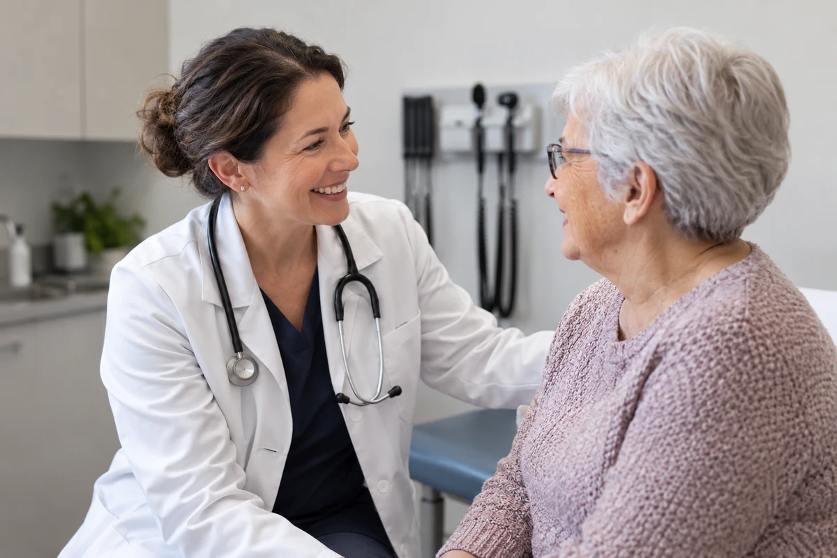 A family doctor greets an older patient in a primary care clinic.