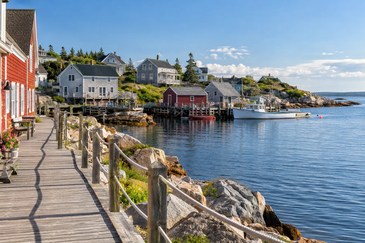 A small Nova Scotia coastal town with low wooden houses and a public waterfront walkway.
