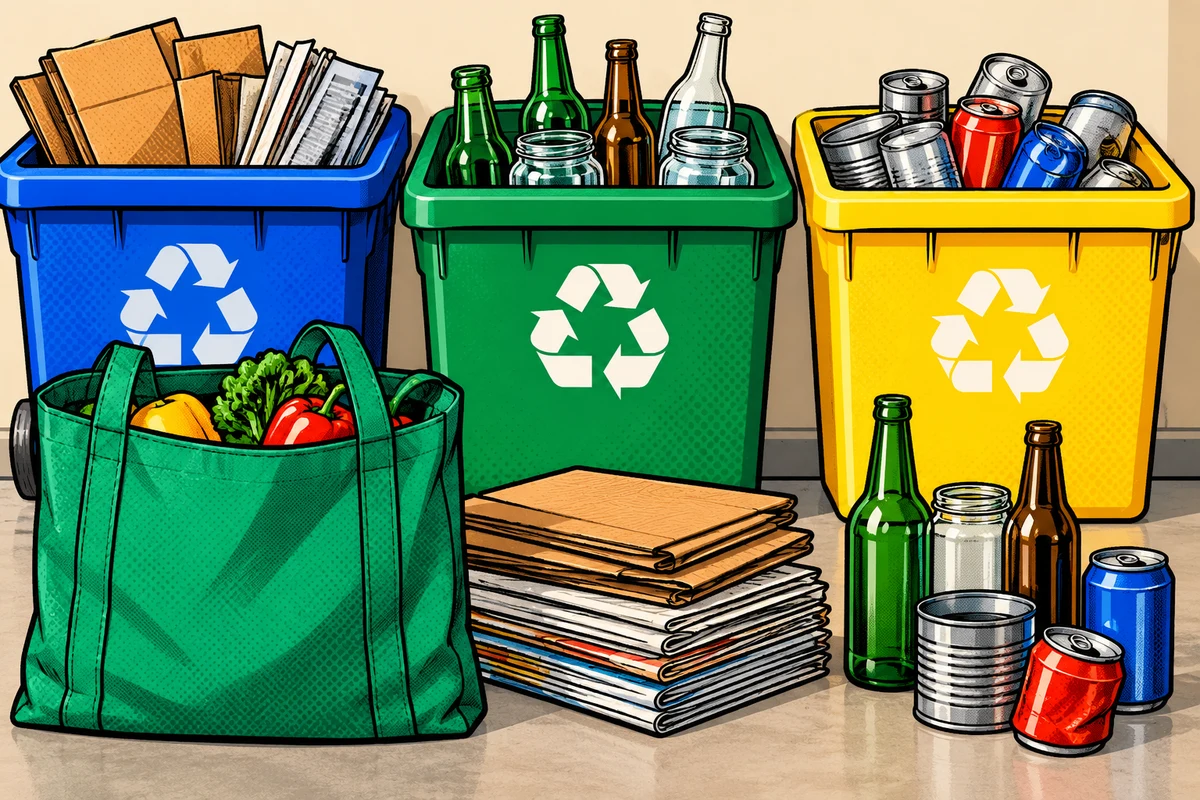 Separate recycling bins, a reusable shopping bag and sorted glass, paper and cans in a tidy yard.