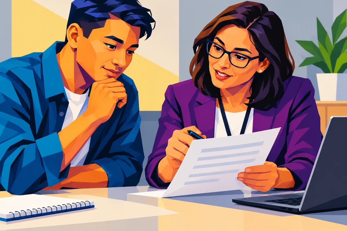 A job seeker and adviser review an application together at an employment centre.